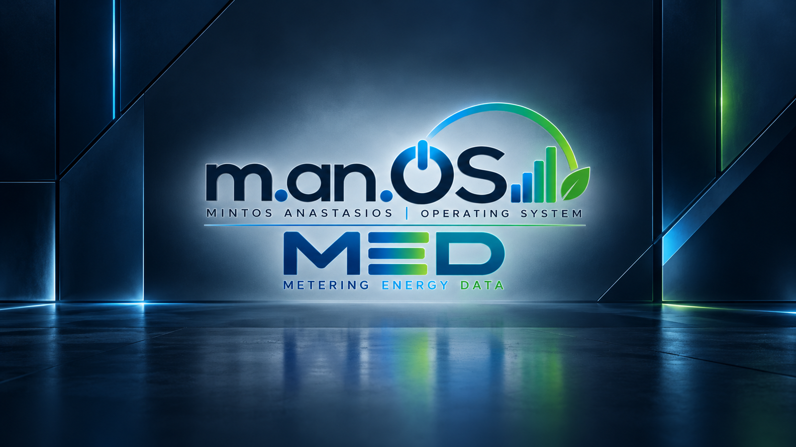manOS desktop wallpaper with a centered logo in a restrained futuristic blue and green environment.